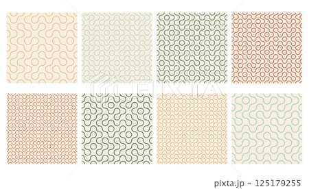 Truchet thin line round shapes seamless pattern collection. Modern style outline geometric mosaic patterns with rounded lines. 125179255