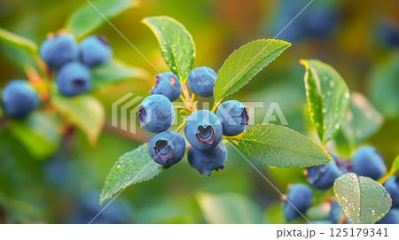 Blueberries ripening on a bush in a lush garden during the warm summer months with vibrant green leaves Blueberries ripening on a bush in a lush garden during the warm summer months with vibrant green leaves 125179341