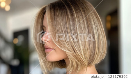 A woman with a chic bob haircut featuring soft blonde highlights poses elegantly in a contemporary indoor space, highlighting her stylish look and confident demeanor. A woman with a chic bob haircut featuring soft blonde highlights poses elegantly in a contemporary indoor space, highlighting her stylish look and confident demeanor. 125179392