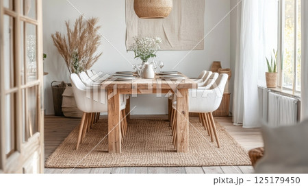 A beautifully arranged dining space showcases a rustic wooden table surrounded by modern chairs A beautifully arranged dining space showcases a rustic wooden table surrounded by modern chairs 125179450