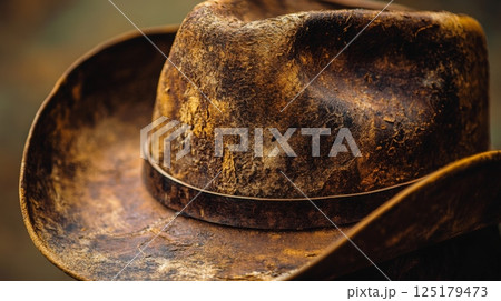 A weathered cowboy hat sits on a wooden surface, showcasing its aged texture and character in soft light. 125179473