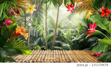 Lush green foliage and colorful flowers surround a bamboo platform in a tropical rainforest. The sun shines through the leaves, creating a warm and inviting atmosphere. 125179478