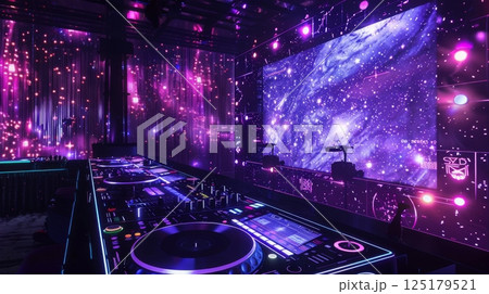 A DJ mixer sits in front of a large screen displaying a projected image of a galaxy, with purple and pink lighting. 125179521
