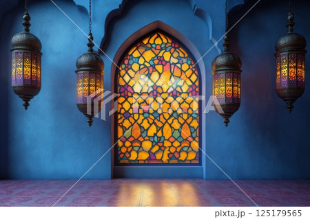 Stained Glass Arch with Ornate Lanterns in Blue Interior 125179565