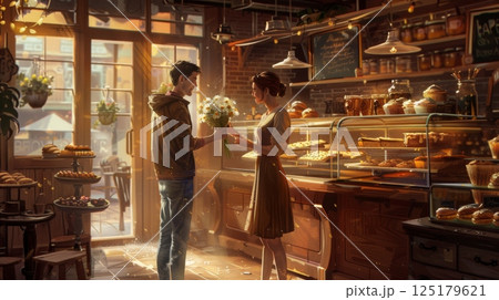 A young couple shares a tender moment inside a warm bakery, exchanging flowers and smiles amidst baked goods. 125179621