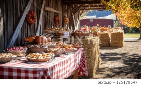 A vibrant fall festival features an array of freshly baked goods displayed on checkered tables next to pumpkins 125179647