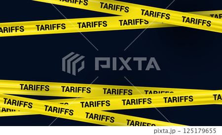 Warning Yellow Stripe Tariff News Vector Banner, Realistic Crossed Tape with Word Tariff on Dark Background, Risk Border 125179655