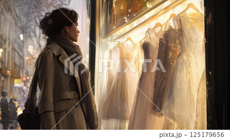 On a snowy evening, a woman stands in front of a boutique window, admiring an array of elegant wedding dresses. 125179656