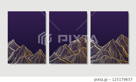 Gold Line Art Wavy Mountain Landscape, Golden Abstract Waves Drawing Contemporary Poster Set, Vector Graphic Mid Century Layout Template for Print or Wallpaper 125179657
