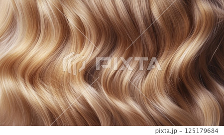 Soft, wavy blonde hair cascades in flowing strands, displaying a rich texture and radiant shine under gentle light. The harmonious blend of light and dark tones adds depth and dimension. 125179684