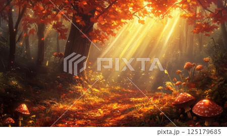 Golden sunlight filters through colorful autumn leaves, illuminating a forest path lined with mushrooms and wildflowers. The serene atmosphere invites exploration and appreciation of nature's beauty. 125179685