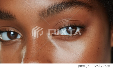 A woman's captivating brown eyes are highlighted, showcasing their depth and beauty in warm, natural light. The focus emphasizes her healthy skin and well-defined lashes, creating a mesmerizing look. A woman's captivating brown eyes are highlighted, showcasing their depth and beauty in warm, natural light. The focus emphasizes her healthy skin and well-defined lashes, creating a mesmerizing look. 125179686