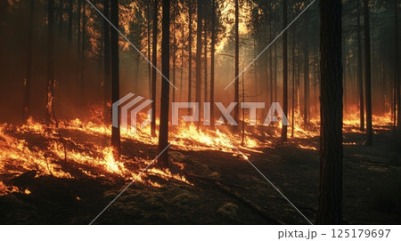 Bright flames consume underbrush as smoke billows through a forest, illuminating the darkening sky during twilight. 125179697