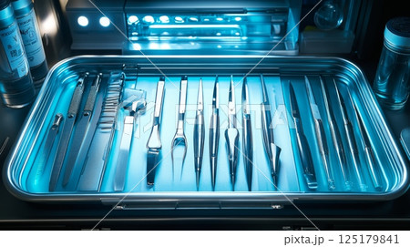 A variety of surgical instruments are meticulously organized on a shiny tray, illuminated by soft blue light in a clinical environment, ready for a procedure. 125179841