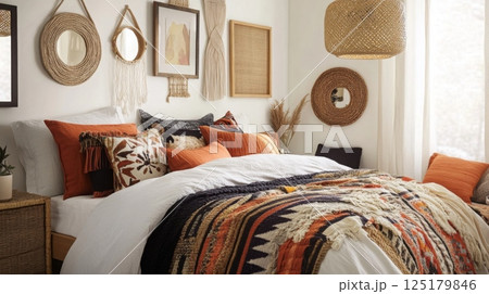 This cozy bedroom showcases a comfortable bed adorned with a colorful blanket and various decorative pillows. The walls are decorated with woven wall hangings and mirrors, creating a warm atmosphere. 125179846