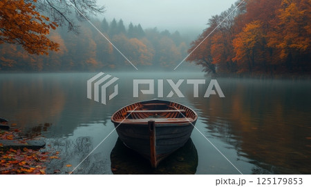 A solitary wooden boat rests gently on the calm waters of a misty lake, framed by trees adorned in brilliant autumn colors, creating a serene atmosphere. A solitary wooden boat rests gently on the calm waters of a misty lake, framed by trees adorned in brilliant autumn colors, creating a serene atmosphere. 125179853