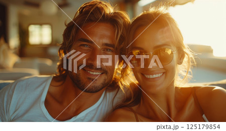 A couple smiles for a selfie on a sunny day while enjoying their vacation. A couple smiles for a selfie on a sunny day while enjoying their vacation. 125179854