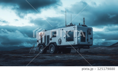 A futuristic mobile base sits on rugged terrain as dark clouds loom overhead during dusk. The structure features multiple windows and antennas, designed for exploration in harsh environments. 125179880
