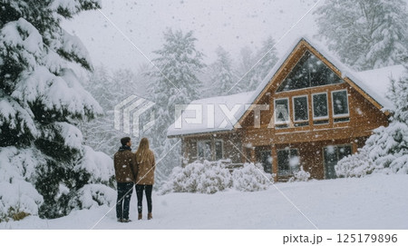 A couple stands close together, wrapped in warm clothing, admiring the snowfall in front of a rustic wooden cabin. The landscape is blanketed in thick snow, surrounded by tall, snowy trees. 125179896