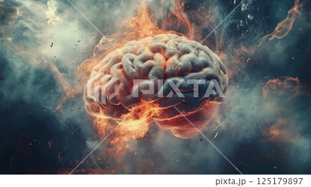 A brain surrounded by flames and swirling smoke symbolizes the intensity of thoughts and emotions, showcasing a dramatic representation of mental struggles and creativity. 125179897