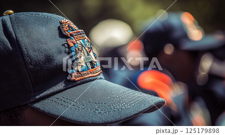 Officers in dark uniforms are gathered for a community event, showcasing their caps adorned with emblems, highlighting their connection to the police force. 125179898