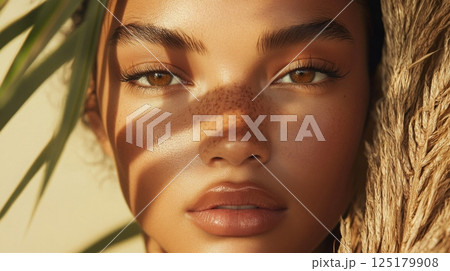 A close-up of a woman's face with freckles, illuminated by the warm glow of the sun 125179908