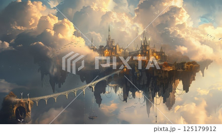 A large, stone city floats in the clouds with a long, arched bridge connecting it to another floating landmass. 125179912