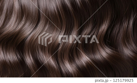 Soft and shiny dark wavy hair displays beautiful texture under natural lighting, highlighting each curve. 125179925