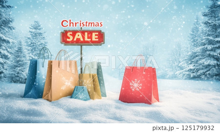 Colorful shopping bags are arranged in front of a bright sign announcing a Christmas sale, all situated in a serene, snow-covered landscape with evergreen trees in the background. 125179932