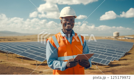 Engineer assesses solar panel performance while utilizing a tablet in a solar energy field during daylight hours 125179972