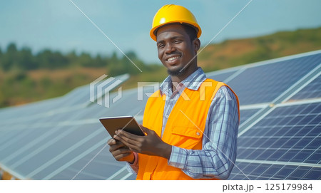 Engineer conducts field assessment of solar panels while using tablet for data collection and analysis 125179984