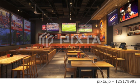 A spacious sports bar features wooden tables and large screens displaying various events, creating an energetic setting for patrons. 125179995