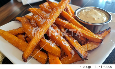 Golden, crispy sweet potato fries are sprinkled with salt and served alongside a creamy dipping sauce. 125180000