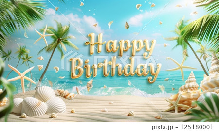 A festive birthday greeting set on a tropical beach, featuring seashells, palm trees, and bright ocean views under a clear sky. 125180001
