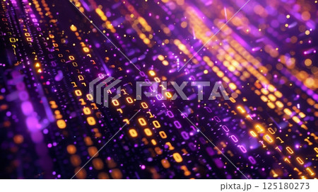 A close-up view of a digital binary code background, featuring glowing purple and orange lights that create a sense of movement and energy. A close-up view of a digital binary code background, featuring glowing purple and orange lights that create a sense of movement and energy. 125180273