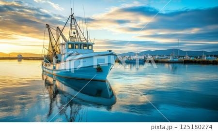 A fishing boat rests peacefully in a calm harbor, reflecting the vibrant colors of the sunset while nearby boats are anchored against a scenic backdrop of mountains. A fishing boat rests peacefully in a calm harbor, reflecting the vibrant colors of the sunset while nearby boats are anchored against a scenic backdrop of mountains. 125180274