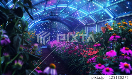 A beautiful garden showcases a variety of blooming flowers under a canopy of colorful lights, creating a magical nighttime atmosphere. A beautiful garden showcases a variety of blooming flowers under a canopy of colorful lights, creating a magical nighttime atmosphere. 125180275