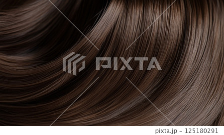 The image showcases a close-up view of beautiful brown hair cascading elegantly with a glossy finish under soft lighting, highlighting its smoothness and vibrant texture. 125180291