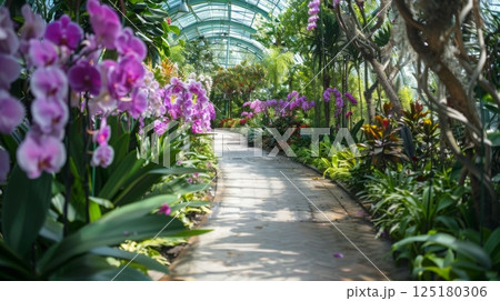 A winding pathway surrounded by colorful orchids and lush greenery invites visitors into a tropical conservatory. A winding pathway surrounded by colorful orchids and lush greenery invites visitors into a tropical conservatory. 125180306