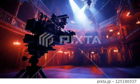 A professional camera, mounted on a tripod, is positioned in a large, ornate ballroom. The room is dimly lit, with red and blue lighting casting shadows on the walls and balconies 125180337