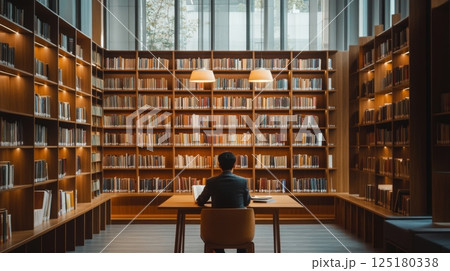 A person sits at a desk in a library, facing away from the camera. The person is wearing a dark suit and is working on a laptop 125180338