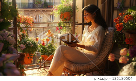 A young woman with long dark hair sits on a wicker chair on a balcony. She is wearing a white sweater and white pants. She is holding a book open in her lap and reading 125180504