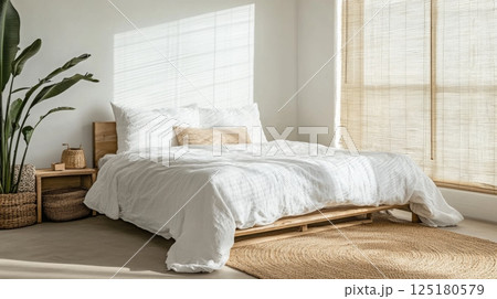 A warm and inviting bedroom features a wooden bed with crisp white linens, a large window letting in natural light, and a touch of greenery from potted plants, creating a serene atmosphere. 125180579