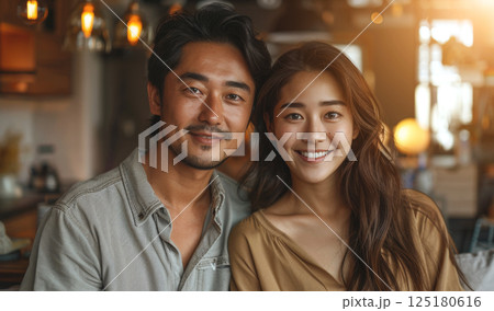 A man and a woman are smiling at the camera while sitting in a cafe. 125180616