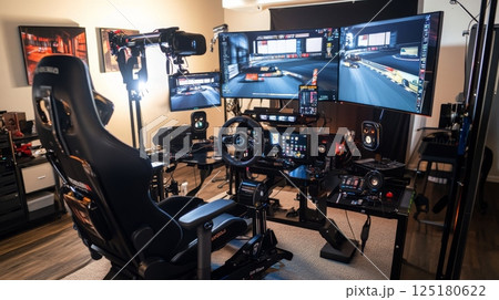 A detailed racing simulator setup features triple monitors, a steering wheel, pedals, and a comfortable racing seat, all arranged in a modern home office environment. 125180622