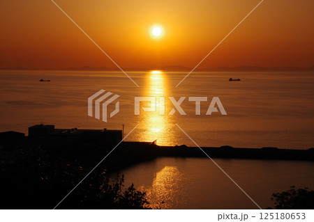 愛媛県四国中央市　川之江城跡のある城山公園から夕陽を望む 125180653