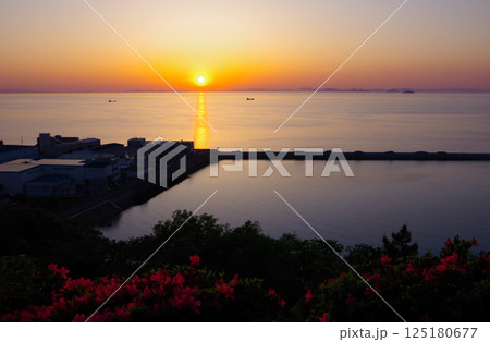 愛媛県四国中央市 川之江城跡のある城山公園から望む夕陽 愛媛県四国中央市 川之江城跡のある城山公園から望む夕陽 125180677