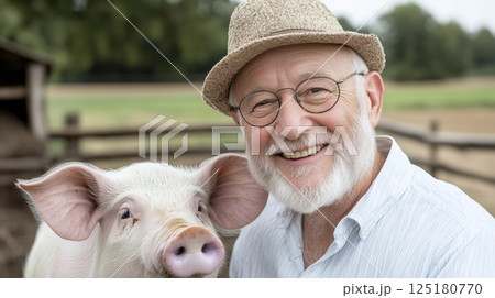 Elderly caucasian man in hat smiling with pig on farm 125180770