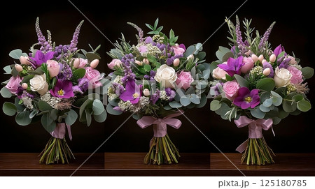 Elegant purple and pink floral bouquets with roses and greenery 125180785