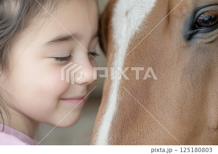Young girl bonding with horse close-up 125180803